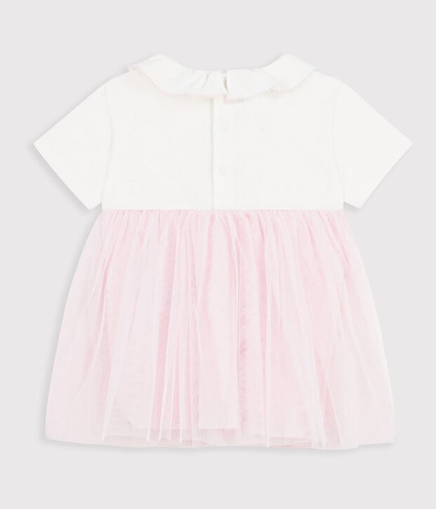 Babies' short-sleeved dress in two materials pink/pink