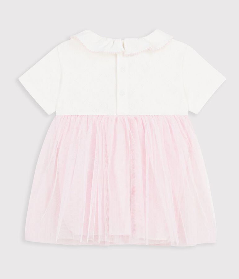 Babies' short-sleeved dress in two materials pink/pink