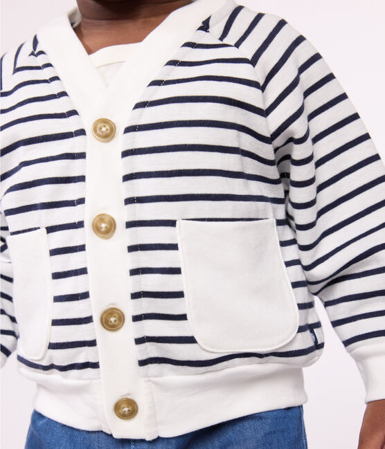 Babies' thick jersey cardigan MARSHMALLOW white/SMOKING blue
