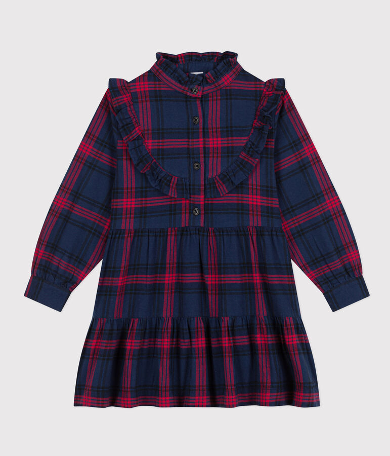 Girls' long-sleeved checked dress in checked cotton flannel blue/multicolor