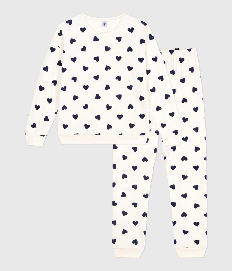 Women's cotton terry pyjamas printed with hearts Ecru/blue