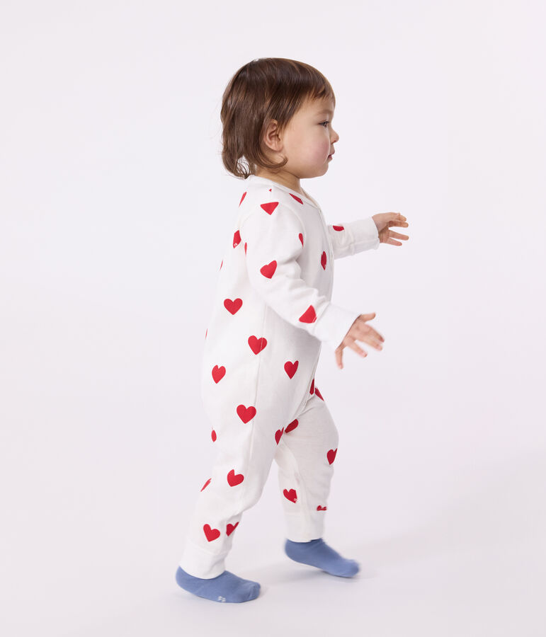 Babies' heart patterned footless cotton sleepsuit MARSHMALLOW white/TERKUIT red