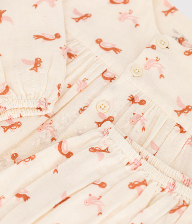 Babies' Bird Patterned Cotton Gauze Dress With Bloomers Ecru/multicolor