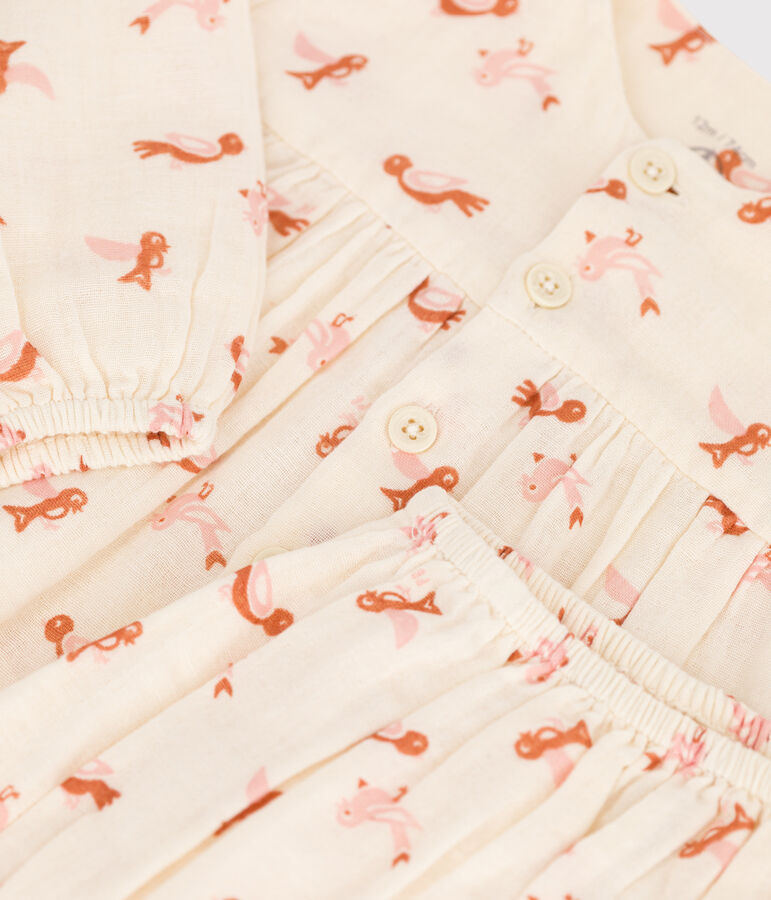 Babies' Bird Patterned Cotton Gauze Dress With Bloomers AVALANCHE white/MULTICO