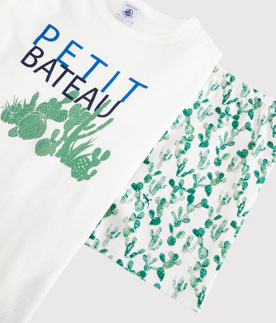 Boys' Cactus Pattern Cotton and Linen Blend Short Pyjamas MARSHMALLOW white/MULTICO white