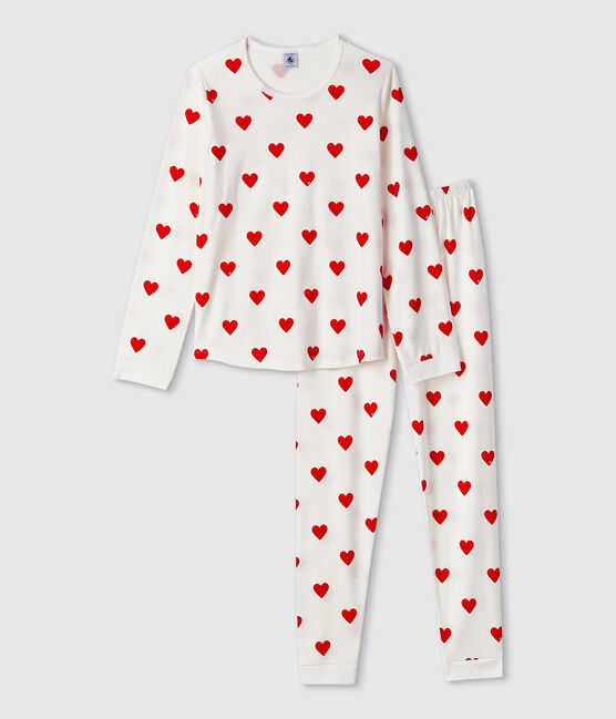 Children's hearts print ribbed pyjamas MARSHMALLOW white/TERKUIT red
