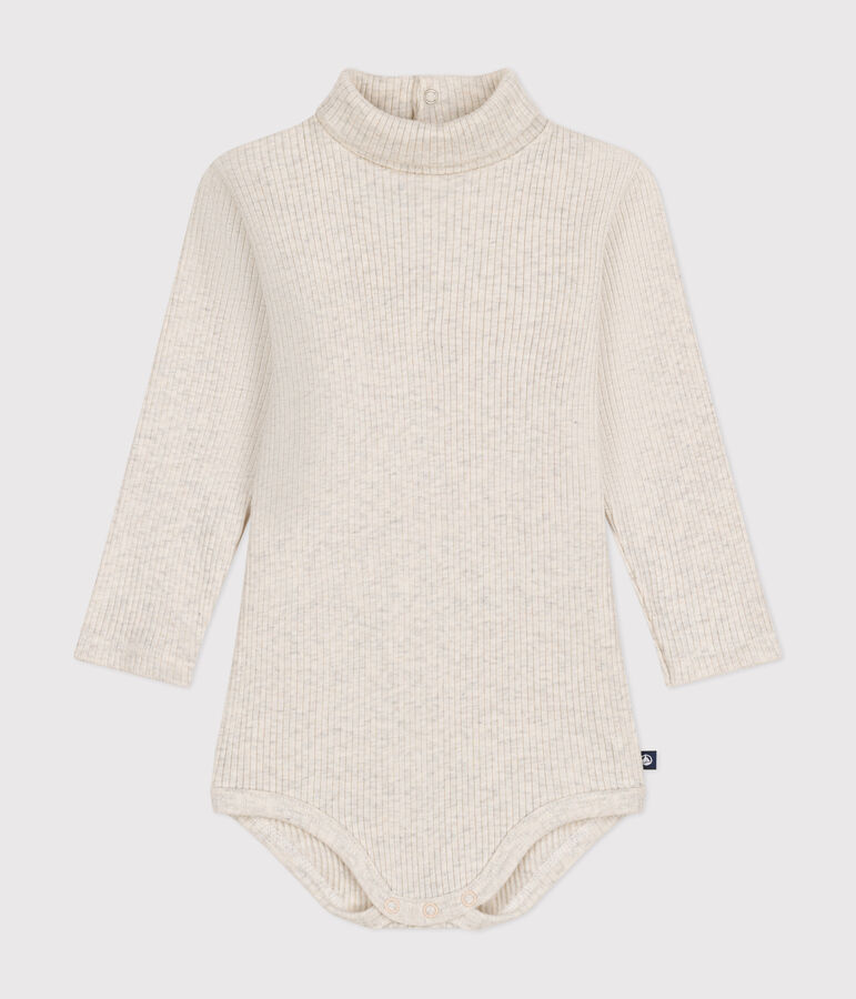 Babies' long-sleeved rollneck cotton bodysuit beige