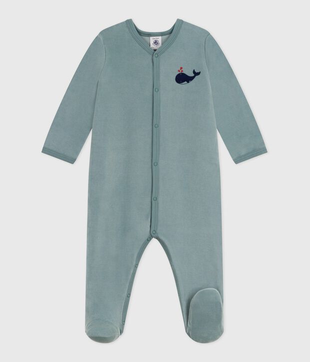 Babies' plain velour pyjama suit blue