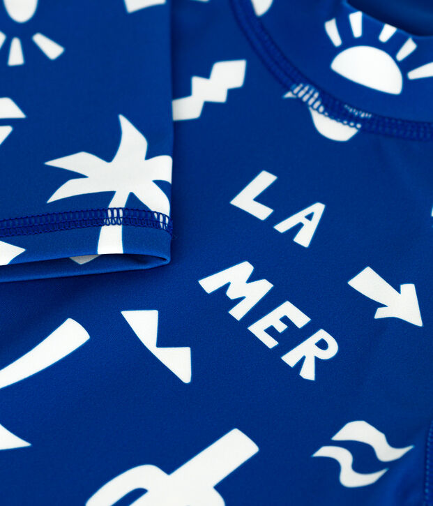 Children's long-sleeved printed anti-UV swim T-shirt blue/white