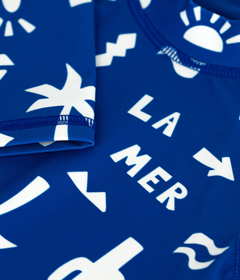 Children's long-sleeved printed anti-UV swim T-shirt blue/white