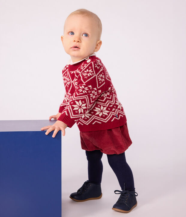 Babies' patterned wool and cotton jumper red/ecru