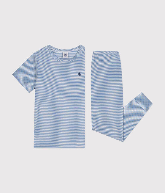 Children's stripy cotton pyjamas BEACH blue/MARSHMALLOW