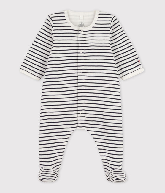 Babies' Stripy Cotton Bodyjama MARSHMALLOW white/SMOKING blue