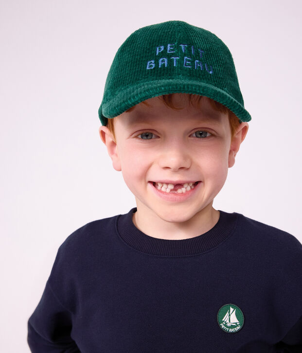 Children's cap in plain corduroy green