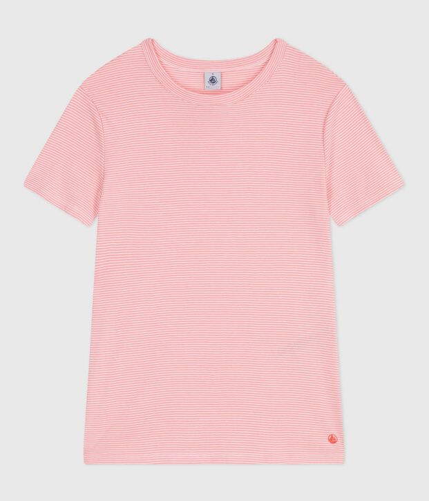 Women's short-sleeved stripy cotton T-shirt pink/white
