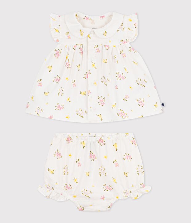 Babies' 2-piece cotton outfit, comprising  blouse and bloomers with a floral print white/multicolor
