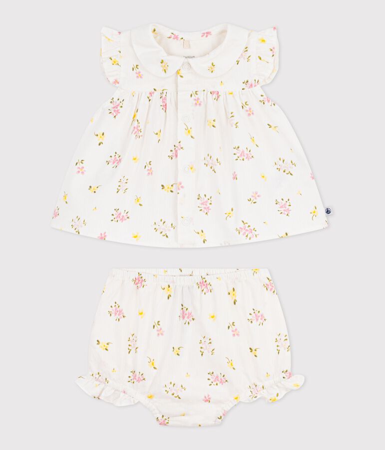 Babies' 2-piece cotton outfit, comprising  blouse and bloomers with a floral print MARSHMALLOW white/MULTICO white