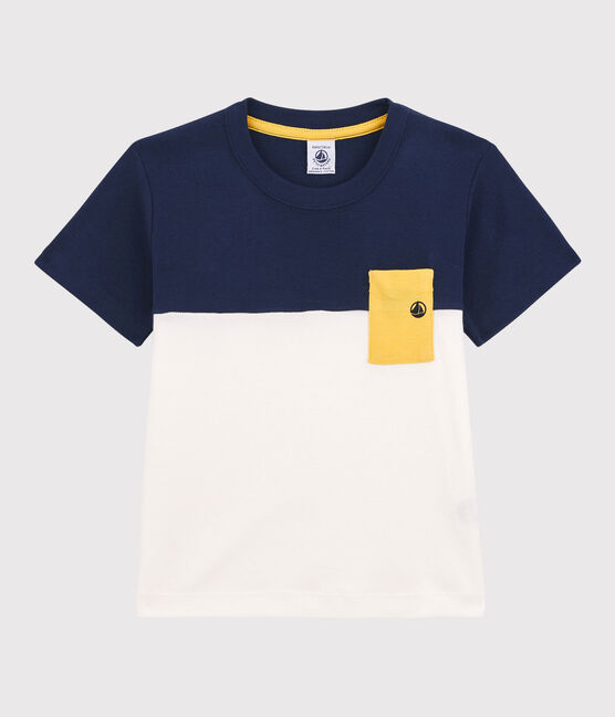 Boys' Short-Sleeved Cotton T-Shirt MEDIEVAL blue/MARSHMALLOW white