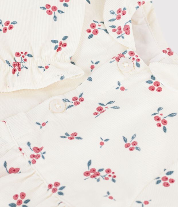 Short baby romper in fine velvet, with a blueberry print collar Ecru/multicolor