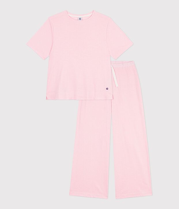 Women's wide-leg stripy cotton pyjamas pink/white