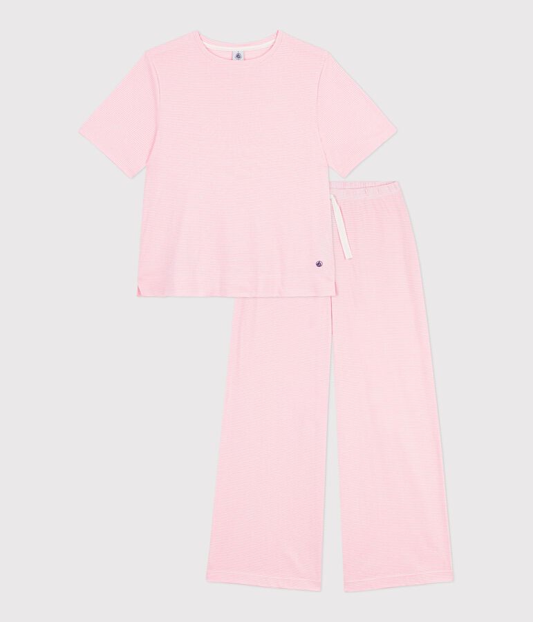Women's wide-leg stripy cotton pyjamas pink/white