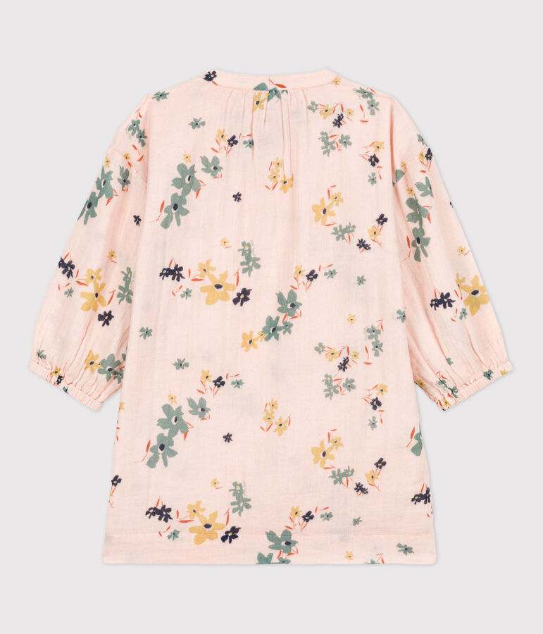 Girls' Long-Sleeved Cotton Gauze Dress SALINE pink/MULTICO white