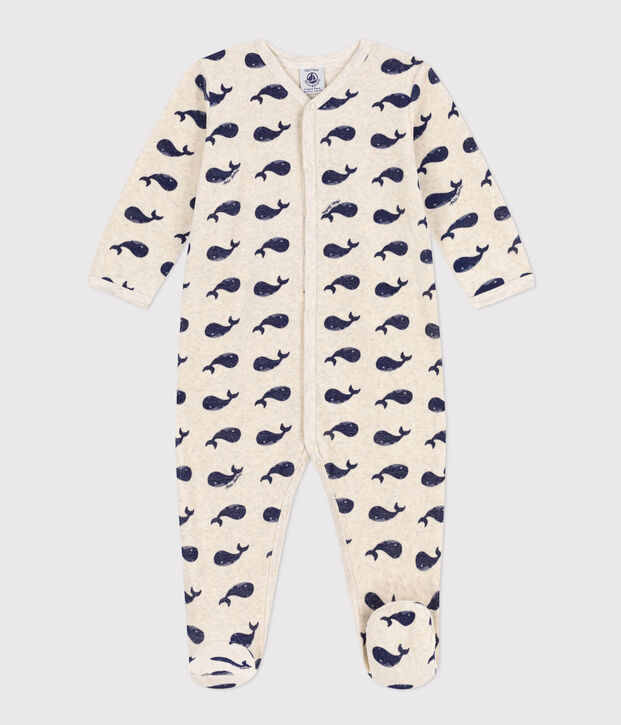 Navy Whale Patterned Velour Sleepsuit beige/blue