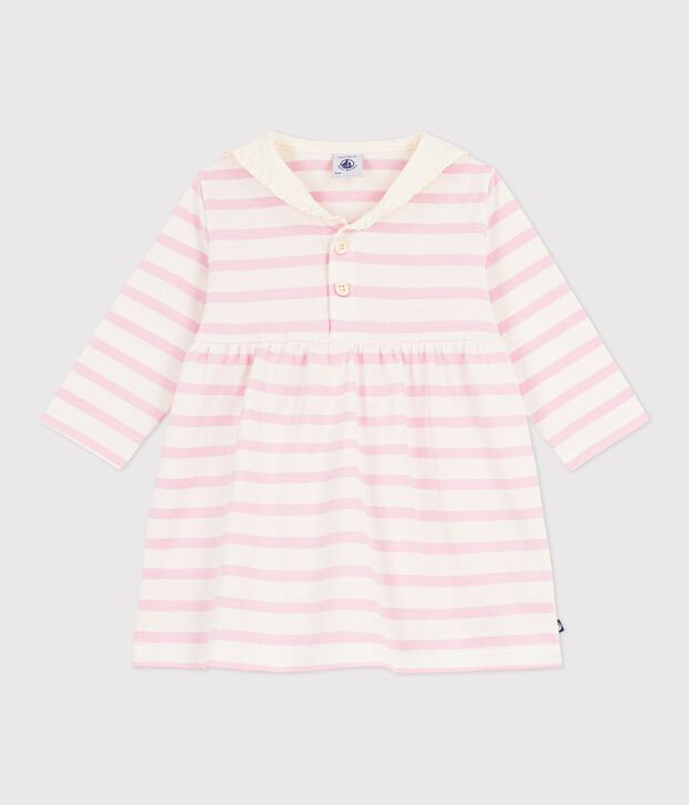 Babies' Breton stripe cotton dress with long sleeves and a sailor collar pink/pink