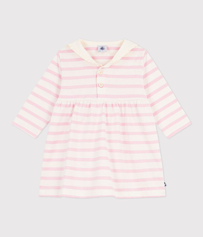 Babies' Breton stripe cotton dress with long sleeves and a sailor collar MILK pink/MARQUISE