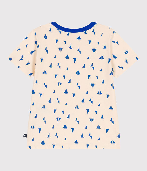 Children's short-sleeved printed cotton T-shirt Ecru/blue