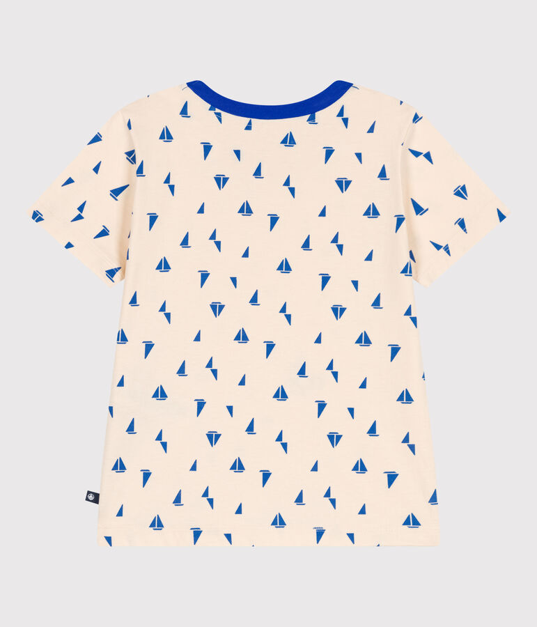 Children's short-sleeved printed cotton T-shirt Ecru/blue