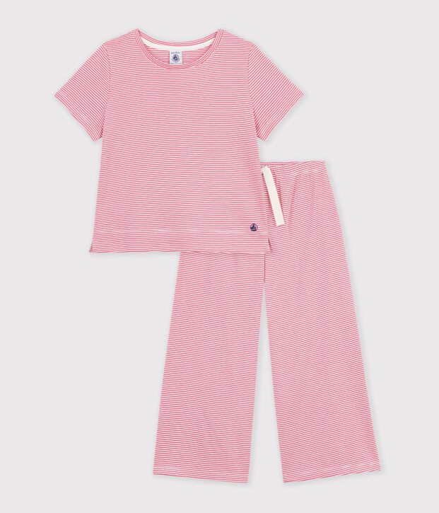 Children's wide-leg cotton pyjamas with stripes pink/white