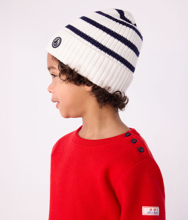Children's stripy knitted beanie hat lined in polar fleece blue/blue