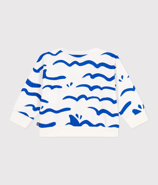 Babies' cotton sweatshirt with a shark print MARSHMALLOW blue/PORCELANA
