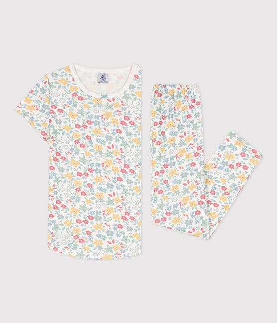 Girls' Floral Short-Sleeved Cotton Pyjamas MARSHMALLOW white/MULTICO white