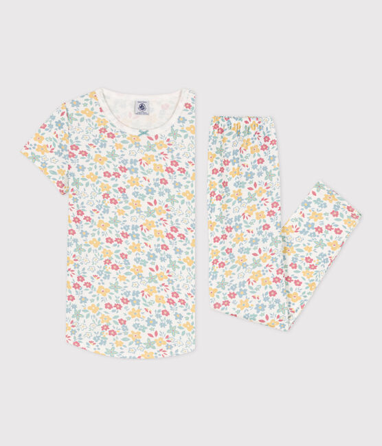 Girls' Floral Short-Sleeved Cotton Pyjamas MARSHMALLOW white/MULTICO white