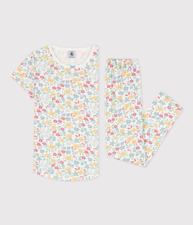 Girls' Floral Short-Sleeved Cotton Pyjamas white/multicolor
