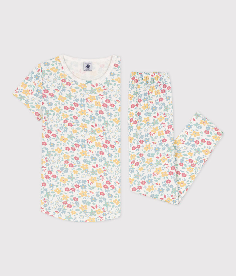 Girls' Floral Short-Sleeved Cotton Pyjamas white/multicolor