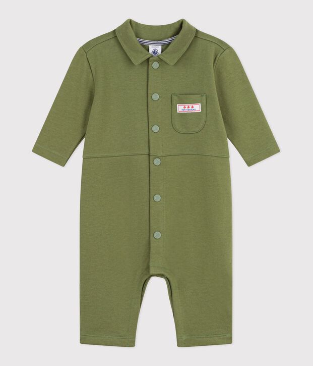 Babies' long plain cotton jumpsuit OLIVINE