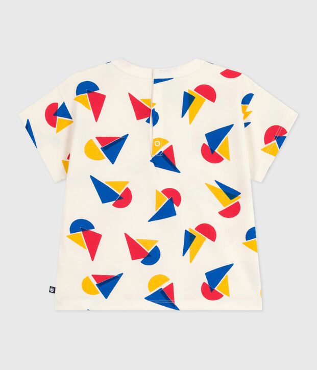Babies' short-sleeved boat-print cotton T-shirt Ecru/multicolor