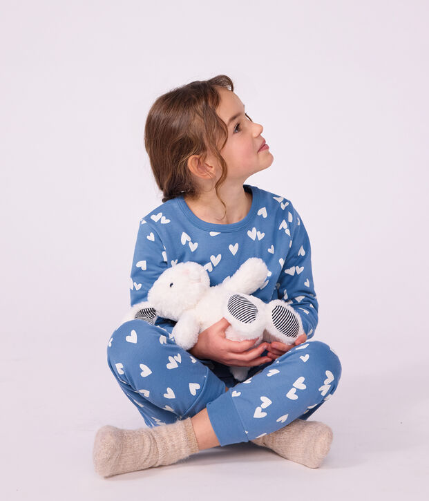 Children's fleece pyjamas with hearts blue/white