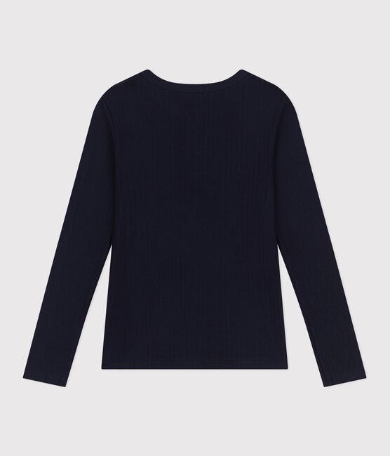 Women's plain drop needle rib knit t-shirt with long sleeves and a grandad neckline SMOKING blue