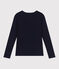 Women's plain drop needle rib knit t-shirt with long sleeves and a grandad neckline SMOKING blue