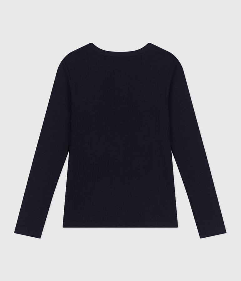 Women's plain drop needle rib knit t-shirt with long sleeves and a grandad neckline blue