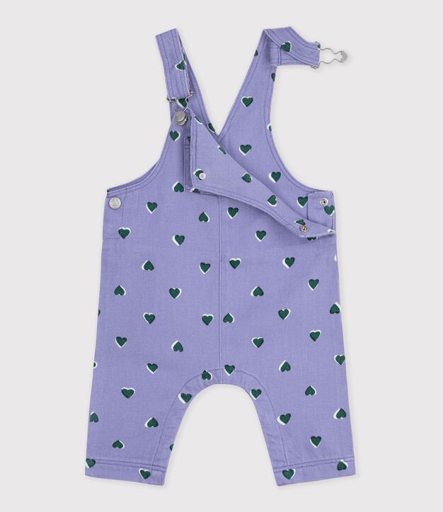 Babies' dungarees in serge with long legs and a heart print purple/multicolor