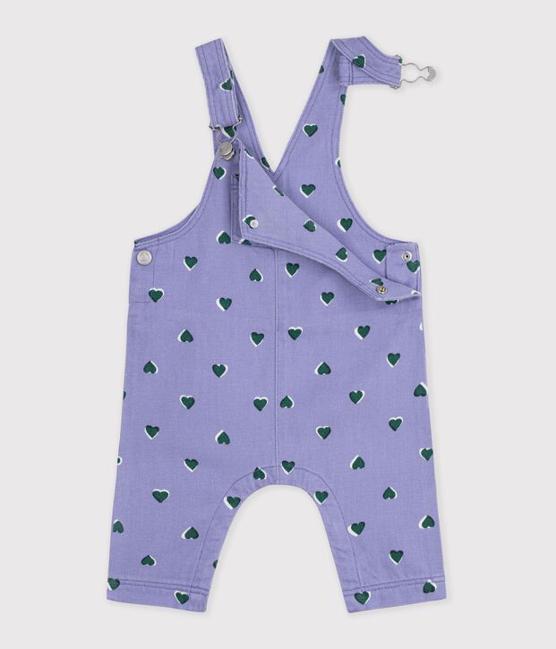 Babies' dungarees in serge with long legs and a heart print purple/multicolor
