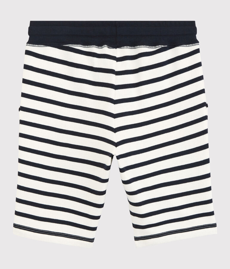 Boys' Thick Stripy Cotton Bermuda Shorts MARSHMALLOW white/SMOKING blue
