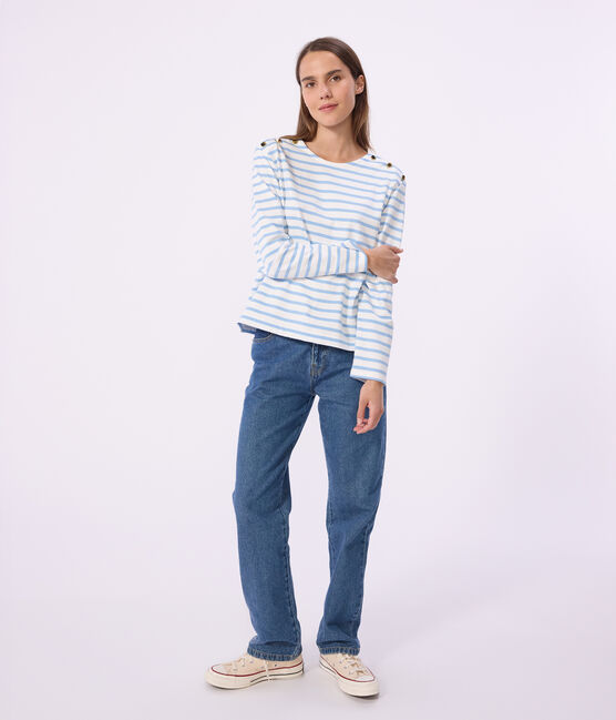 Women's stripy cotton Breton top MARSHMALLOW blue/FLO
