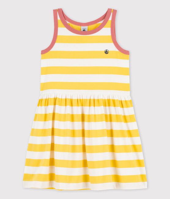 Girls' Sleeveless Stripy Cotton Dress ORGE yellow/MARSHMALLOW white