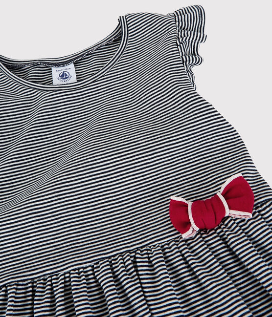 Girls' Short-Sleeved Cotton Dress SMOKING blue/MARSHMALLOW white